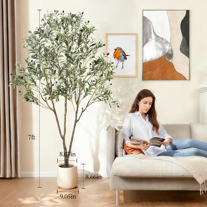 Large Olive Trees Artificial Indoor 7FT, Upgraded Faux Olive Tree with Realistic Leaves and Fruits, Heavy Base, Modern Fake Faux Plants for Home/Office Decor Gifts