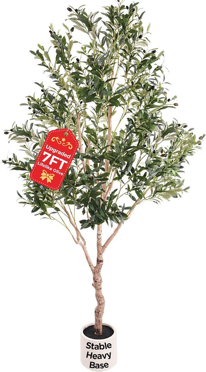 Large Olive Trees Artificial Indoor 7FT, Upgraded Faux Olive Tree with Realistic Leaves and Fruits, Heavy Base, Modern Fake Faux Plants for Home/Office Decor Gifts