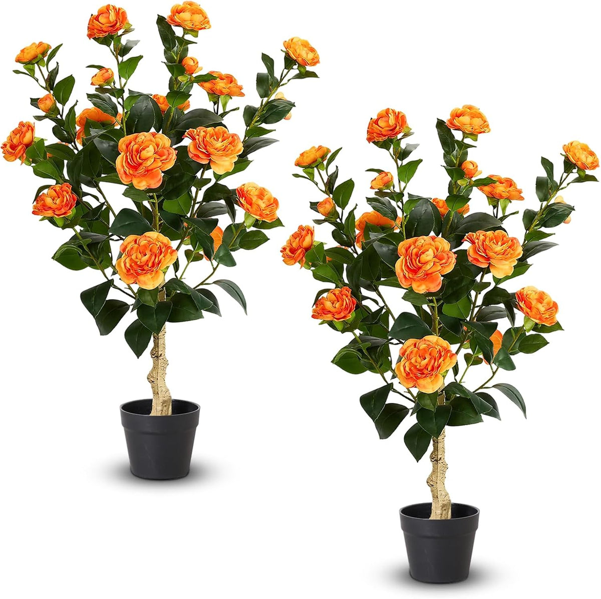 2 Pack Artificial Flowers Camellia,Fake Plants for Outdoors,3FT(Orange)