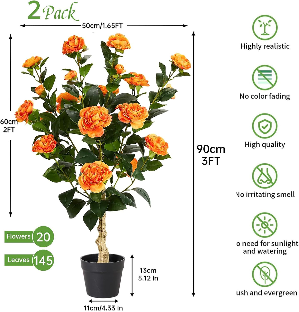 2 Pack Artificial Flowers Camellia,Fake Plants for Outdoors,3FT(Orange)