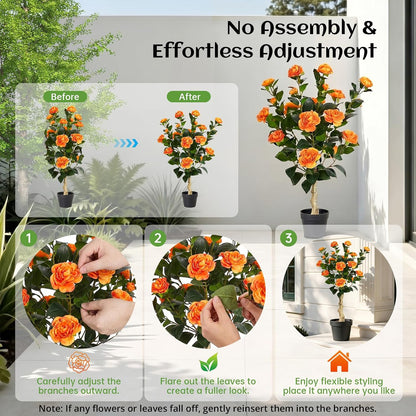 2 Pack Artificial Flowers Camellia,Fake Plants for Outdoors,3FT(Orange)