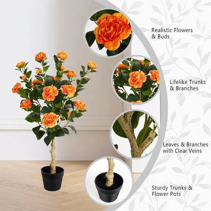 2 Pack Artificial Flowers Camellia,Fake Plants for Outdoors,3FT(Orange)