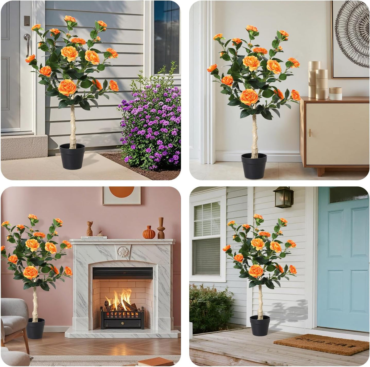 2 Pack Artificial Flowers Camellia,Fake Plants for Outdoors,3FT(Orange)