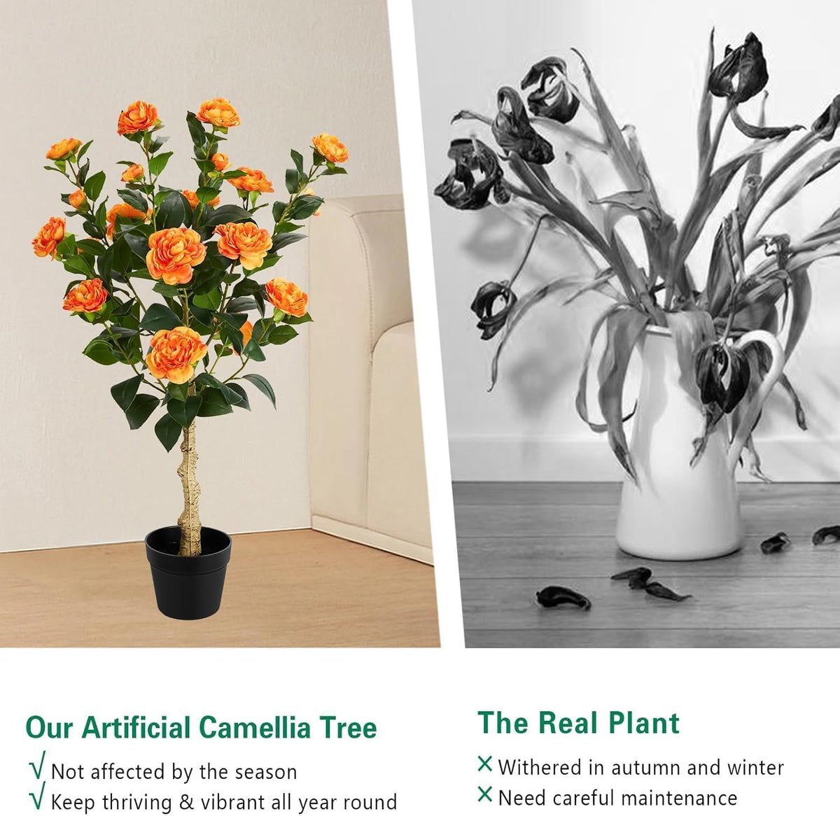 2 Pack Artificial Flowers Camellia,Fake Plants for Outdoors,3FT(Orange)