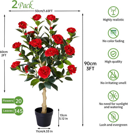 2 Pack Artificial Flowers Camellia,Fake Plants for Outdoors,3FT(Orange)