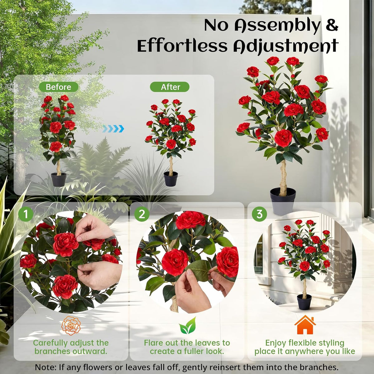 2 Pack Artificial Flowers Camellia,Fake Plants for Outdoors,3FT(Orange)