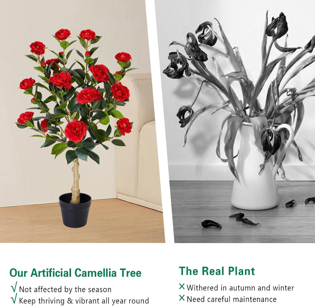 2 Pack Artificial Flowers Camellia,Fake Plants for Outdoors,3FT(Orange)