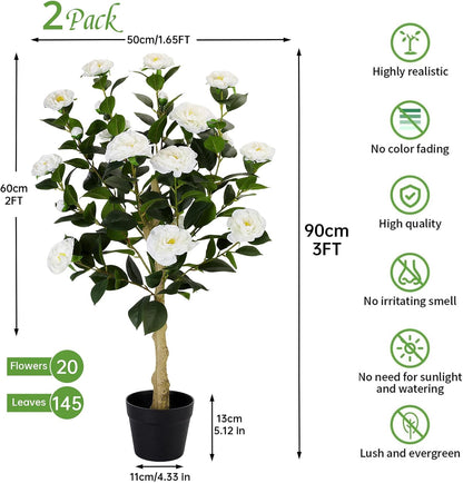 2 Pack Artificial Flowers Camellia,Fake Plants for Outdoors,3FT(Orange)