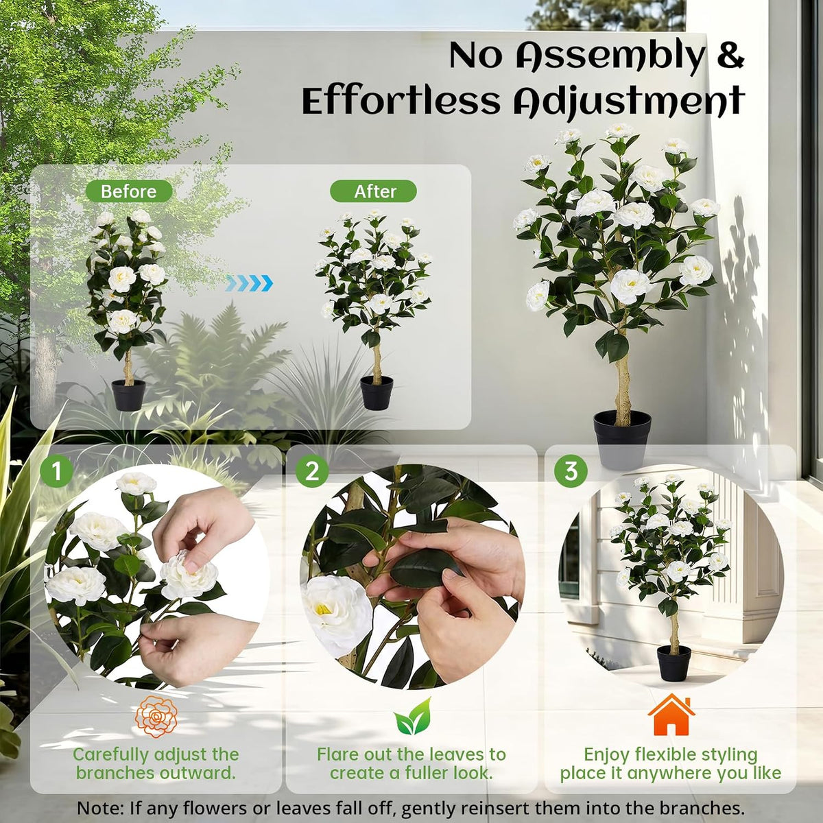 2 Pack Artificial Flowers Camellia,Fake Plants for Outdoors,3FT(Orange)