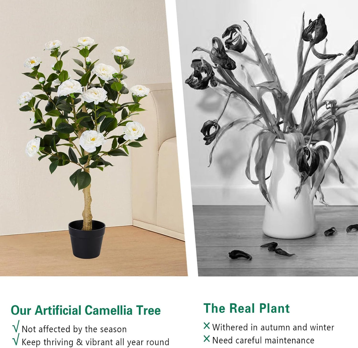 2 Pack Artificial Flowers Camellia,Fake Plants for Outdoors,3FT(Orange)