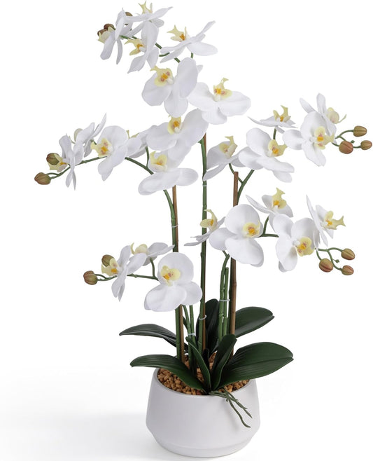 Artificial Orchid Flowers 26 Inch in Pot Look Real Fake White Phalaenopsis Potted Faux Plant for Home Office Indoor Outdoor Decor