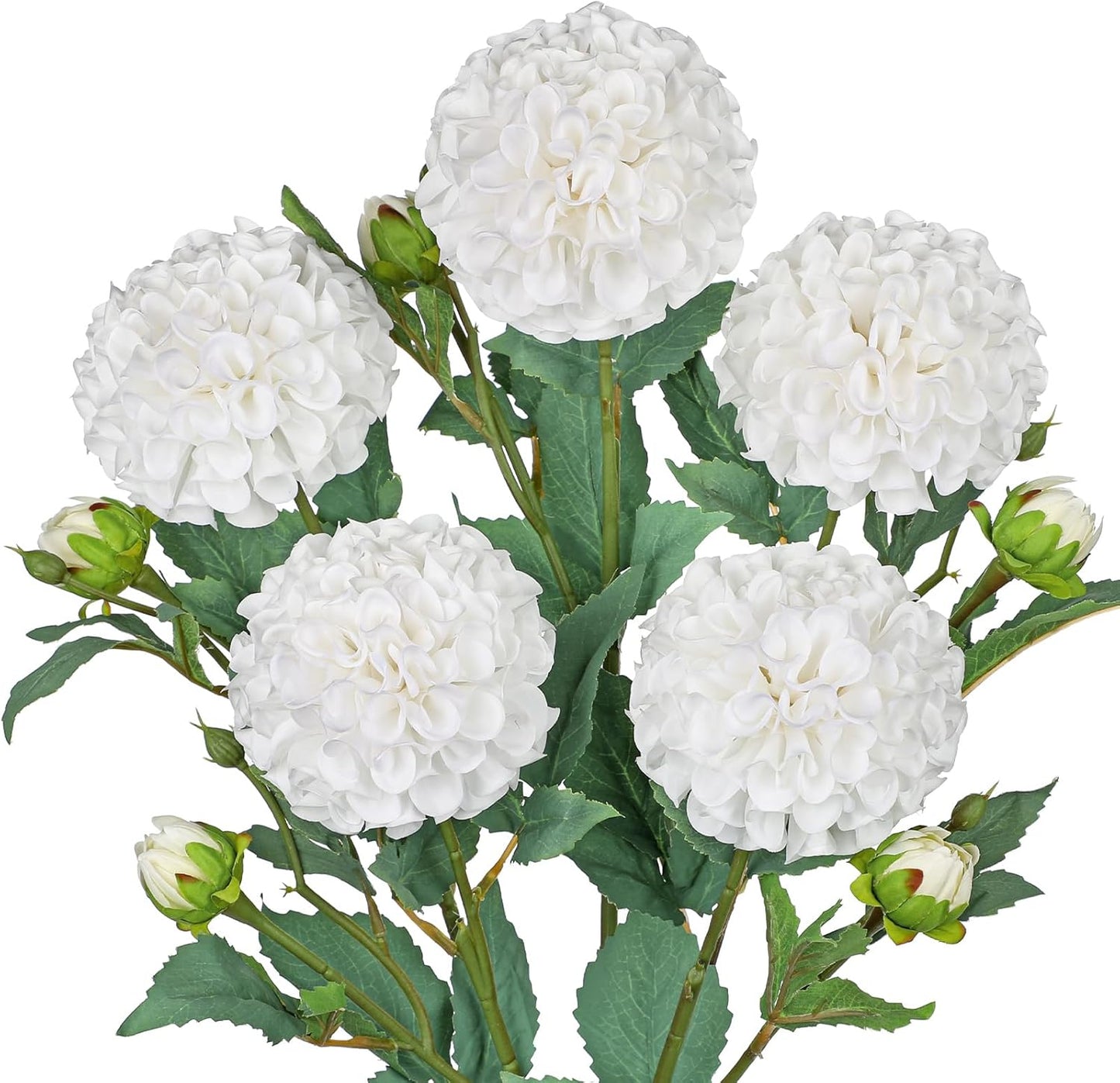 5PCS Dahlia Artificial Flowers 24.8" White Fake Ball Dahlias Silk Flowers Faux Roses Flower with Long Stems for DIY Wedding Bouquets Table Centerpieces Arrangements Bridal Party Home Decor