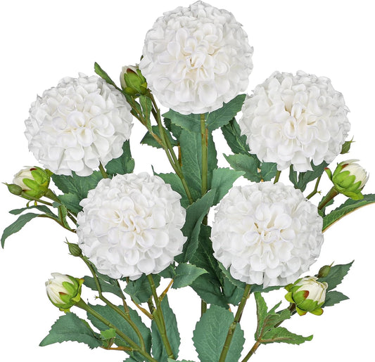 5PCS Dahlia Artificial Flowers 24.8" White Fake Ball Dahlias Silk Flowers Faux Roses Flower with Long Stems for DIY Wedding Bouquets Table Centerpieces Arrangements Bridal Party Home Decor