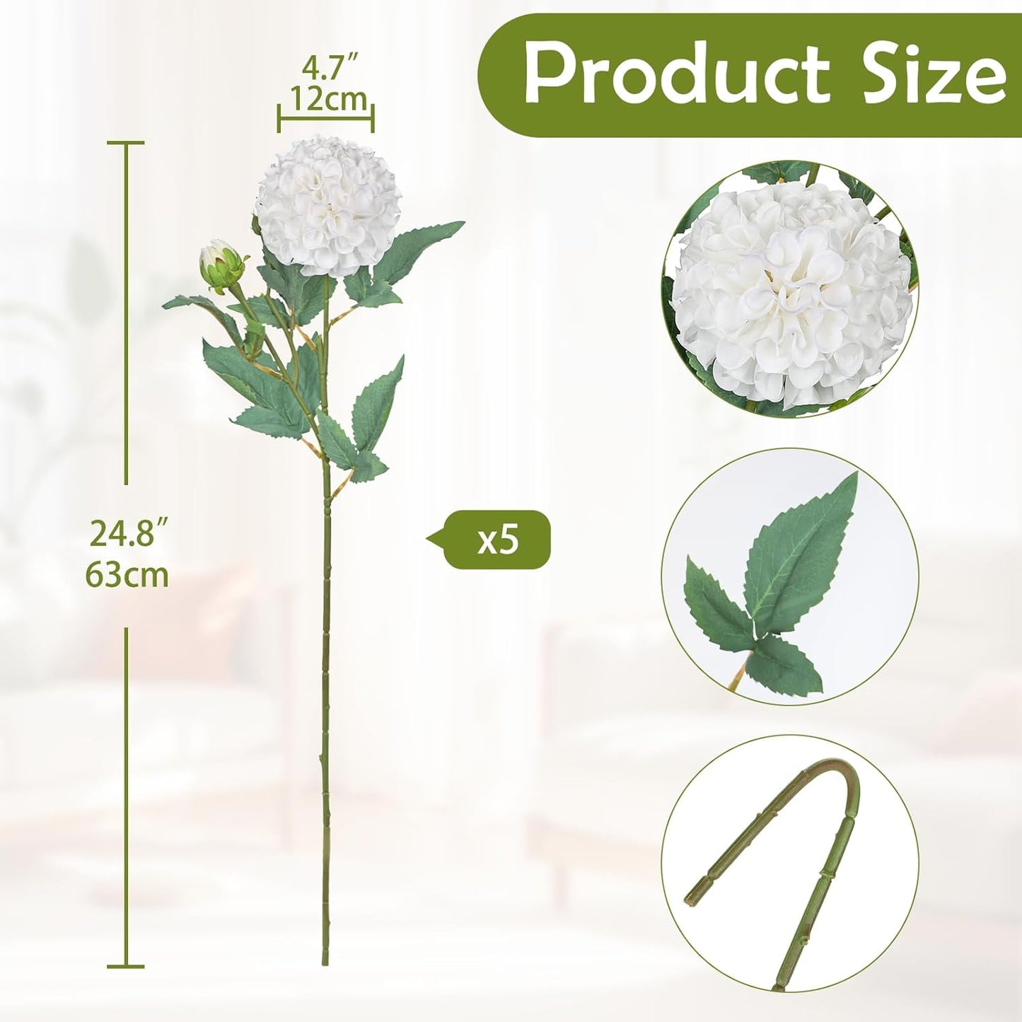 5PCS Dahlia Artificial Flowers 24.8" White Fake Ball Dahlias Silk Flowers Faux Roses Flower with Long Stems for DIY Wedding Bouquets Table Centerpieces Arrangements Bridal Party Home Decor