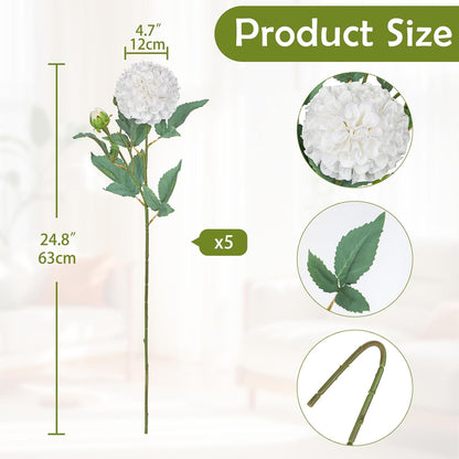 5PCS Dahlia Artificial Flowers 24.8" White Fake Ball Dahlias Silk Flowers Faux Roses Flower with Long Stems for DIY Wedding Bouquets Table Centerpieces Arrangements Bridal Party Home Decor