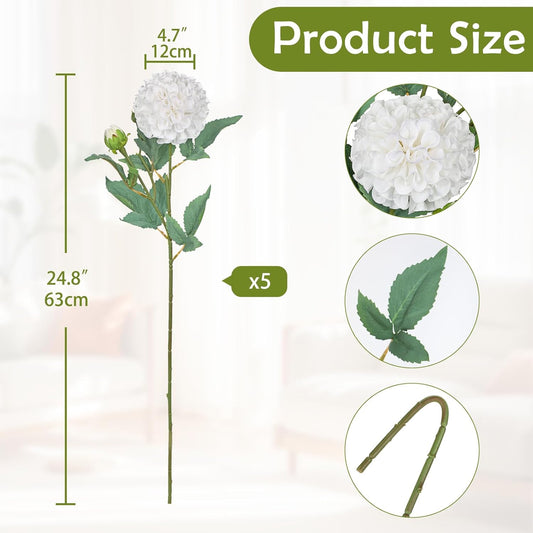 5PCS Dahlia Artificial Flowers 24.8" White Fake Ball Dahlias Silk Flowers Faux Roses Flower with Long Stems for DIY Wedding Bouquets Table Centerpieces Arrangements Bridal Party Home Decor