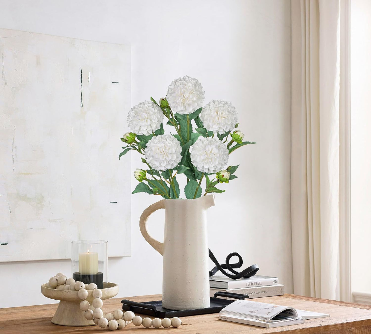 5PCS Dahlia Artificial Flowers 24.8" White Fake Ball Dahlias Silk Flowers Faux Roses Flower with Long Stems for DIY Wedding Bouquets Table Centerpieces Arrangements Bridal Party Home Decor