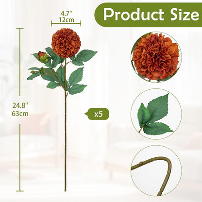 5PCS Dahlia Artificial Flowers 24.8" White Fake Ball Dahlias Silk Flowers Faux Roses Flower with Long Stems for DIY Wedding Bouquets Table Centerpieces Arrangements Bridal Party Home Decor