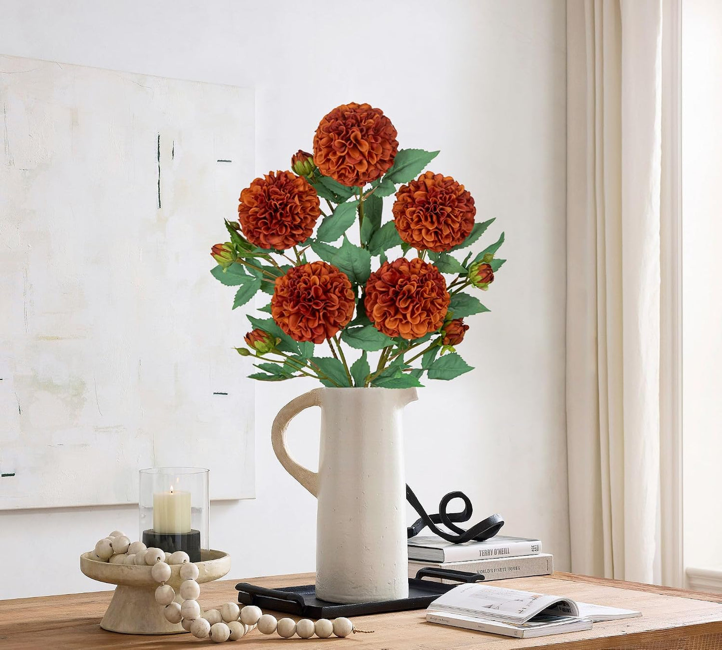 5PCS Dahlia Artificial Flowers 24.8" White Fake Ball Dahlias Silk Flowers Faux Roses Flower with Long Stems for DIY Wedding Bouquets Table Centerpieces Arrangements Bridal Party Home Decor