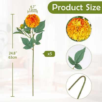 5PCS Dahlia Artificial Flowers 24.8" White Fake Ball Dahlias Silk Flowers Faux Roses Flower with Long Stems for DIY Wedding Bouquets Table Centerpieces Arrangements Bridal Party Home Decor