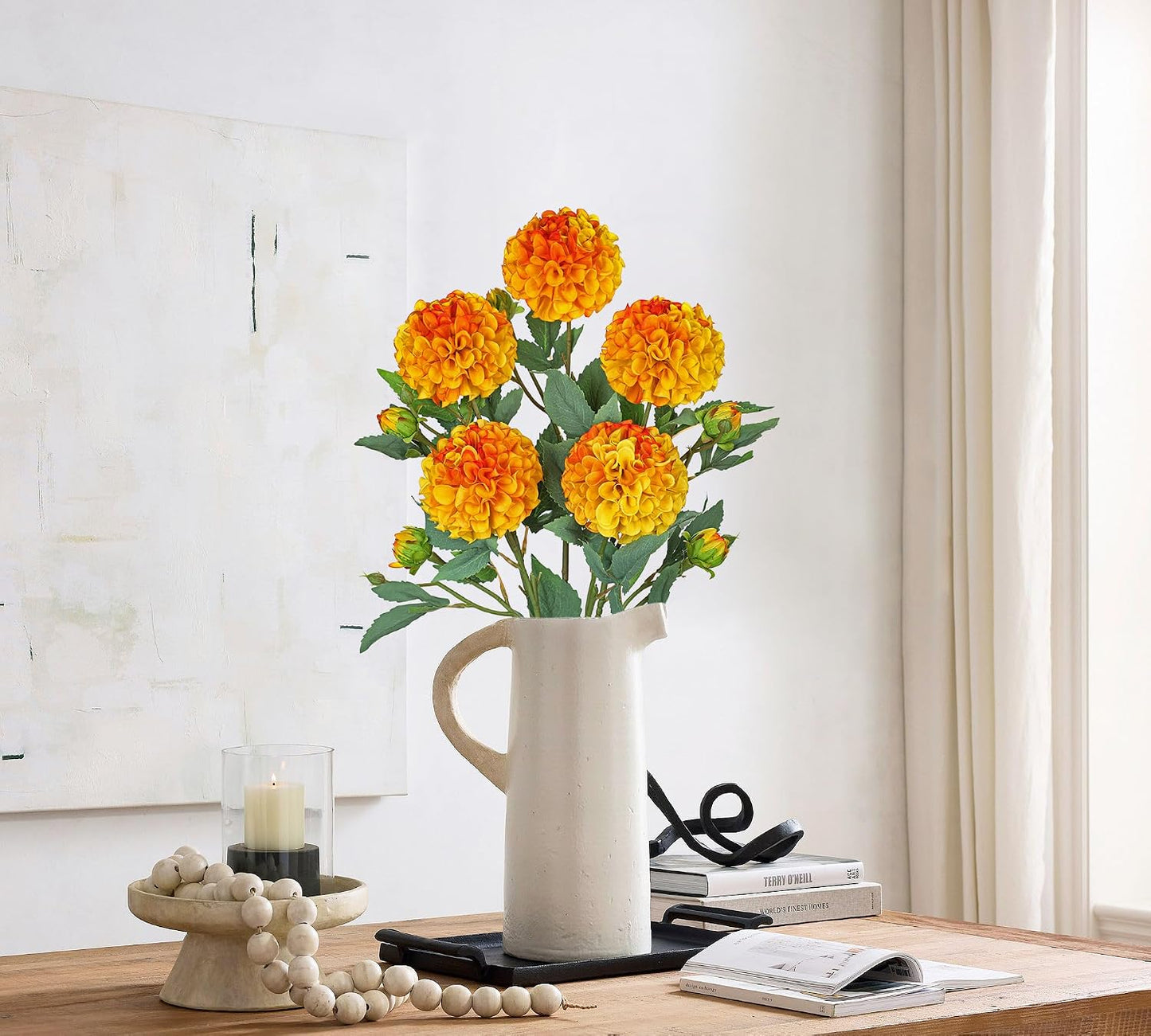5PCS Dahlia Artificial Flowers 24.8" White Fake Ball Dahlias Silk Flowers Faux Roses Flower with Long Stems for DIY Wedding Bouquets Table Centerpieces Arrangements Bridal Party Home Decor