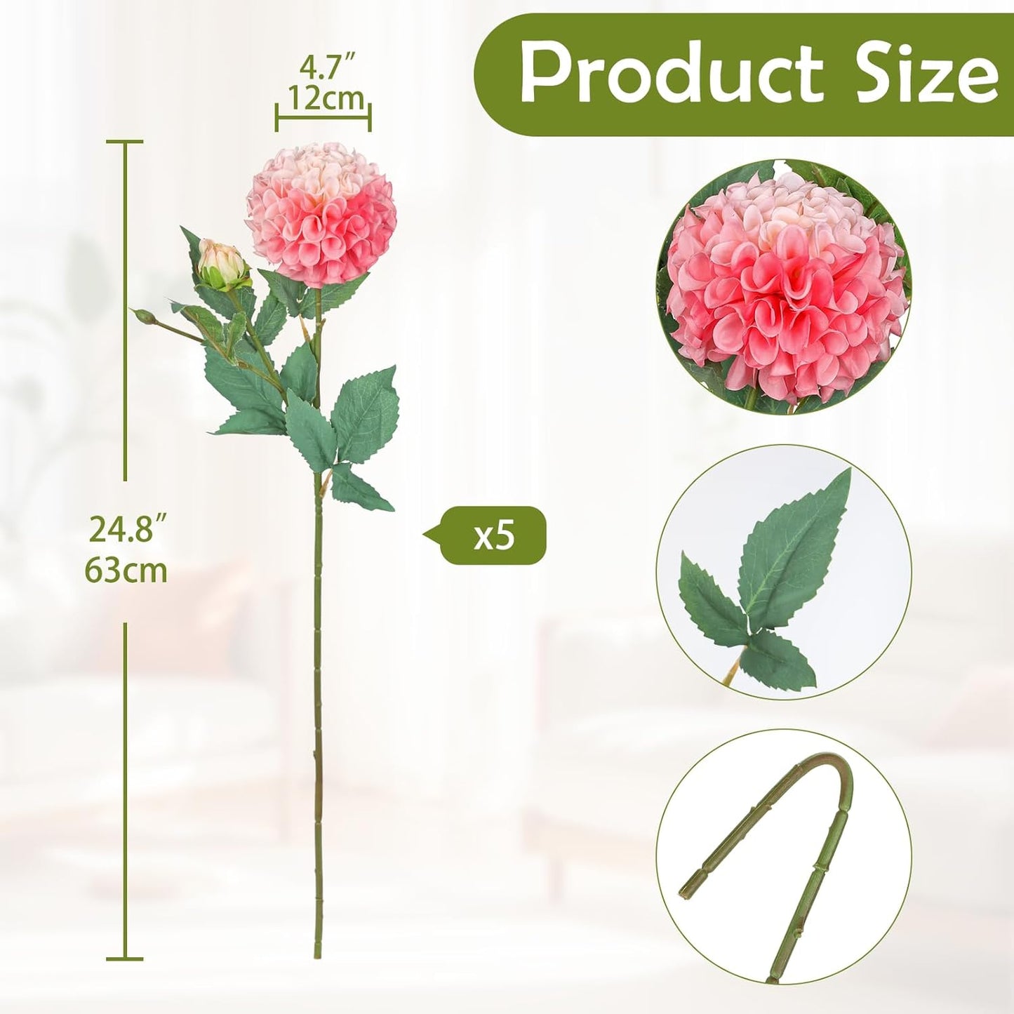 5PCS Dahlia Artificial Flowers 24.8" White Fake Ball Dahlias Silk Flowers Faux Roses Flower with Long Stems for DIY Wedding Bouquets Table Centerpieces Arrangements Bridal Party Home Decor