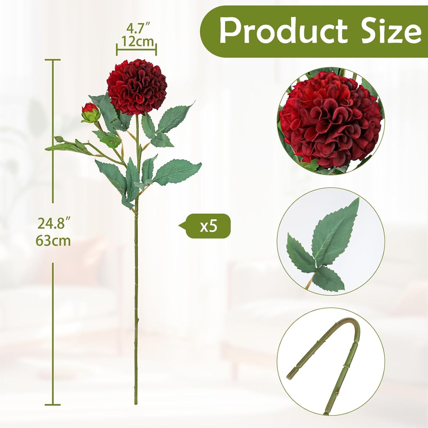 5PCS Dahlia Artificial Flowers 24.8" White Fake Ball Dahlias Silk Flowers Faux Roses Flower with Long Stems for DIY Wedding Bouquets Table Centerpieces Arrangements Bridal Party Home Decor