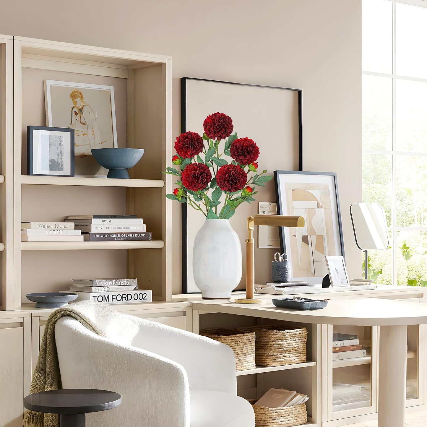 5PCS Dahlia Artificial Flowers 24.8" White Fake Ball Dahlias Silk Flowers Faux Roses Flower with Long Stems for DIY Wedding Bouquets Table Centerpieces Arrangements Bridal Party Home Decor