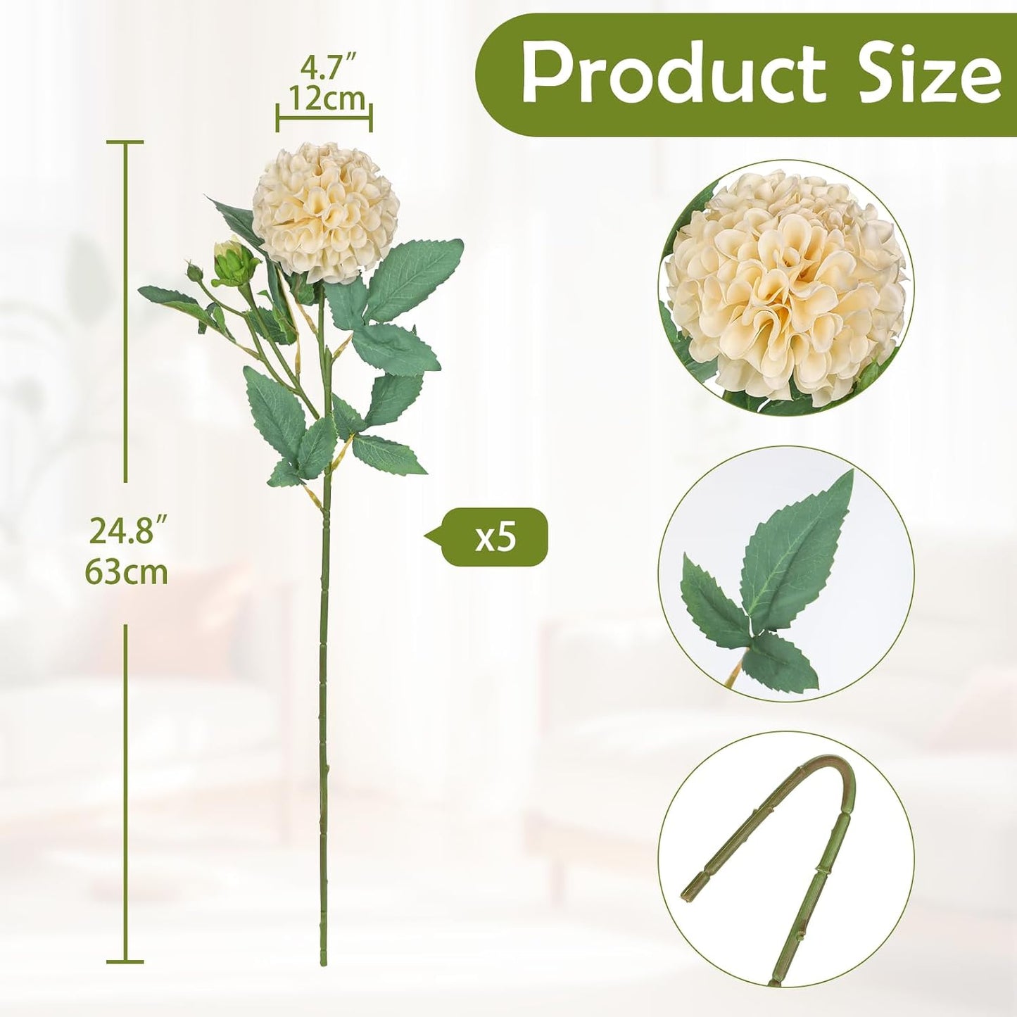 5PCS Dahlia Artificial Flowers 24.8" White Fake Ball Dahlias Silk Flowers Faux Roses Flower with Long Stems for DIY Wedding Bouquets Table Centerpieces Arrangements Bridal Party Home Decor