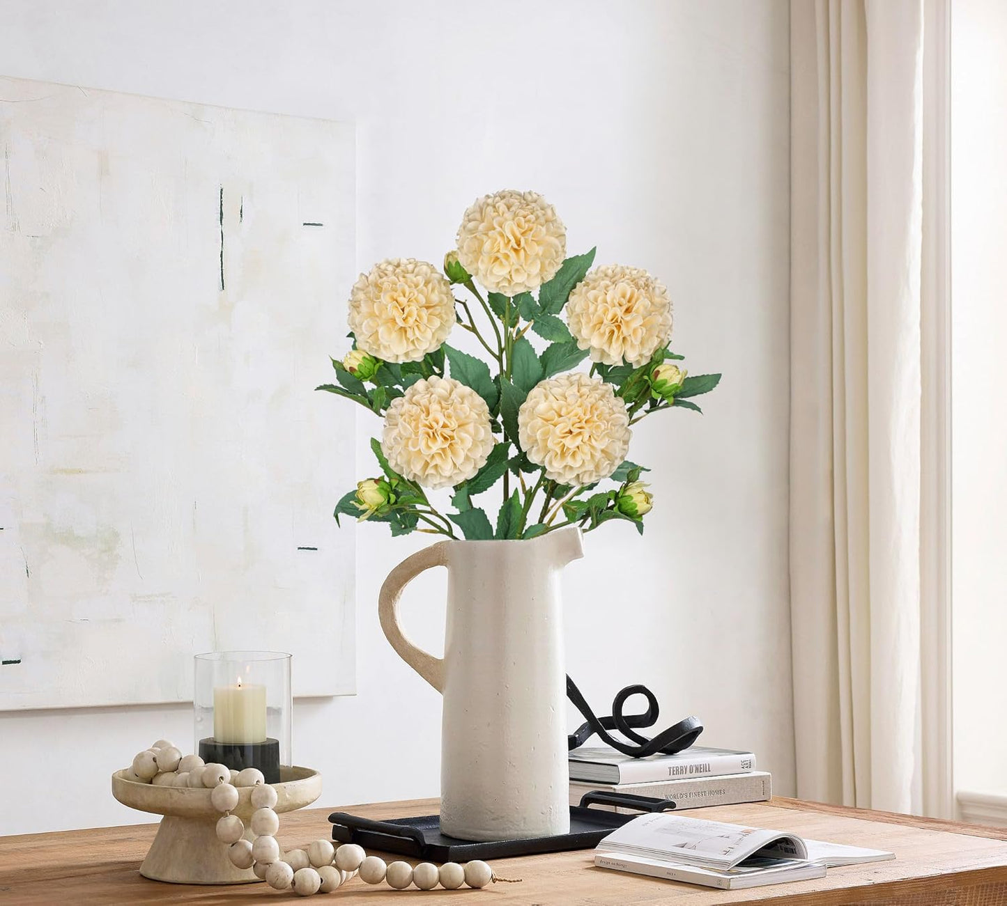 5PCS Dahlia Artificial Flowers 24.8" White Fake Ball Dahlias Silk Flowers Faux Roses Flower with Long Stems for DIY Wedding Bouquets Table Centerpieces Arrangements Bridal Party Home Decor