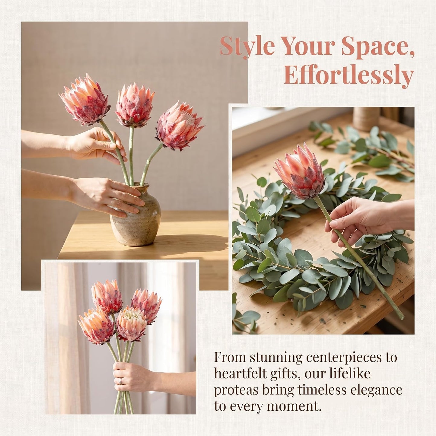 4Pcs Artificial King Protea Flower Faux King Protea Tropical Flowers Stem Fake Cynaroides Floral Arrangements for Wedding Party Centerpiece Home Office Garden Decor
