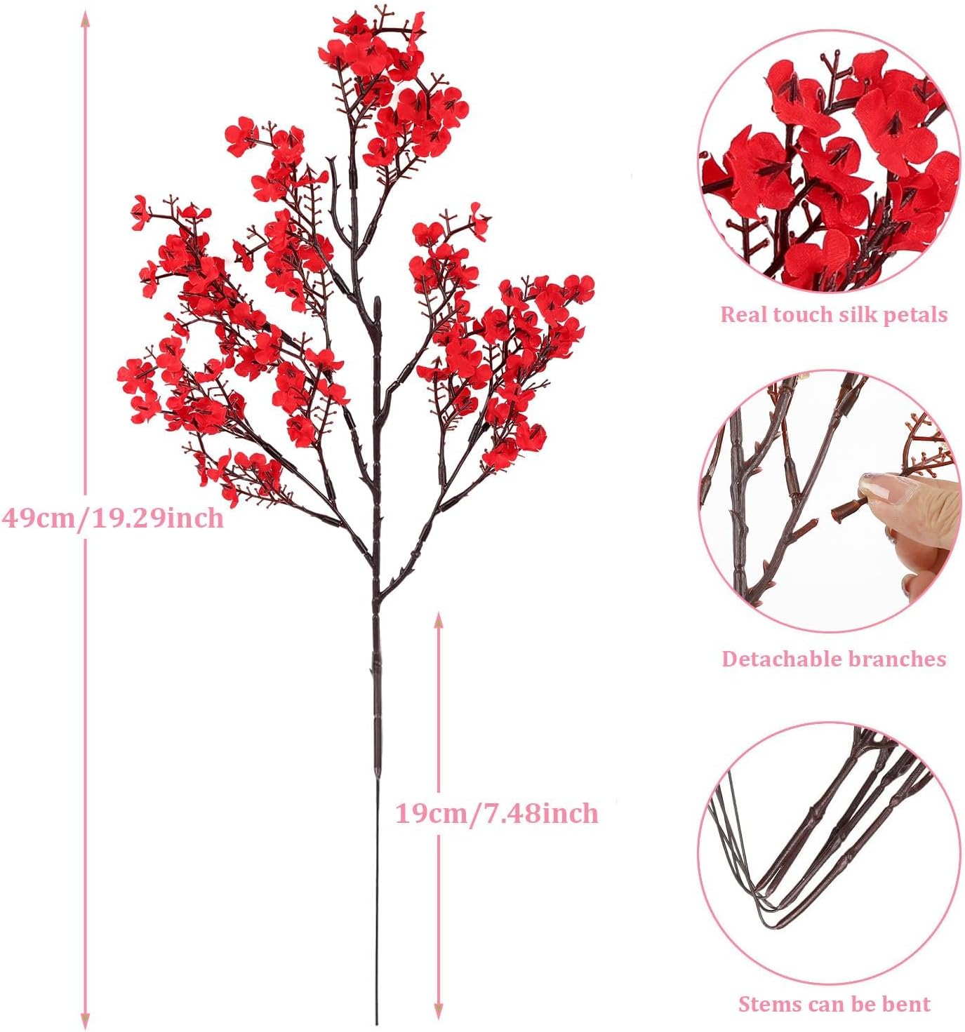 Babys Breath Artificial Flowers, 8 Bundles Cherry Blossom Pink Real Touch Fake Silk Flowers Bulk for Vase Home Office Wedding Spring Indoor Outdoor Centerpiece Table Mother's Day Decorations
