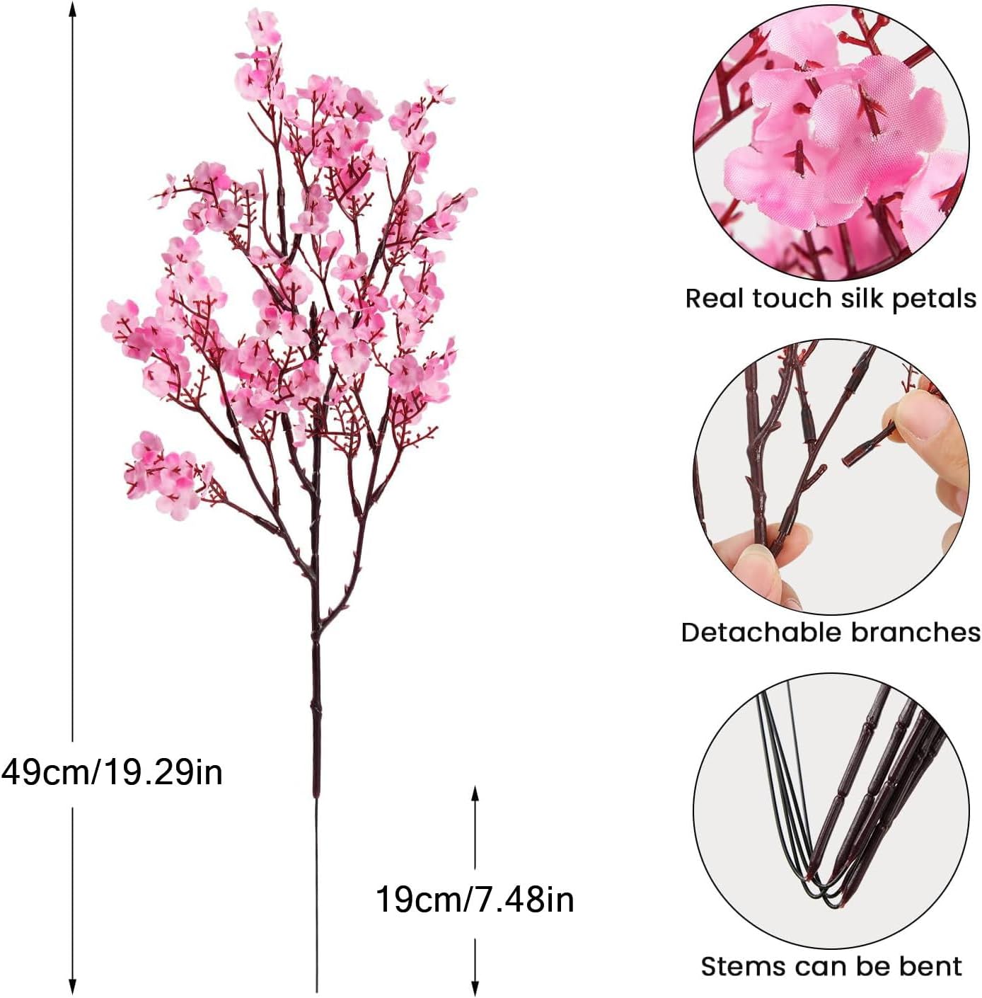 Babys Breath Artificial Flowers, 8 Bundles Cherry Blossom Pink Real Touch Fake Silk Flowers Bulk for Vase Home Office Wedding Spring Indoor Outdoor Centerpiece Table Mother's Day Decorations