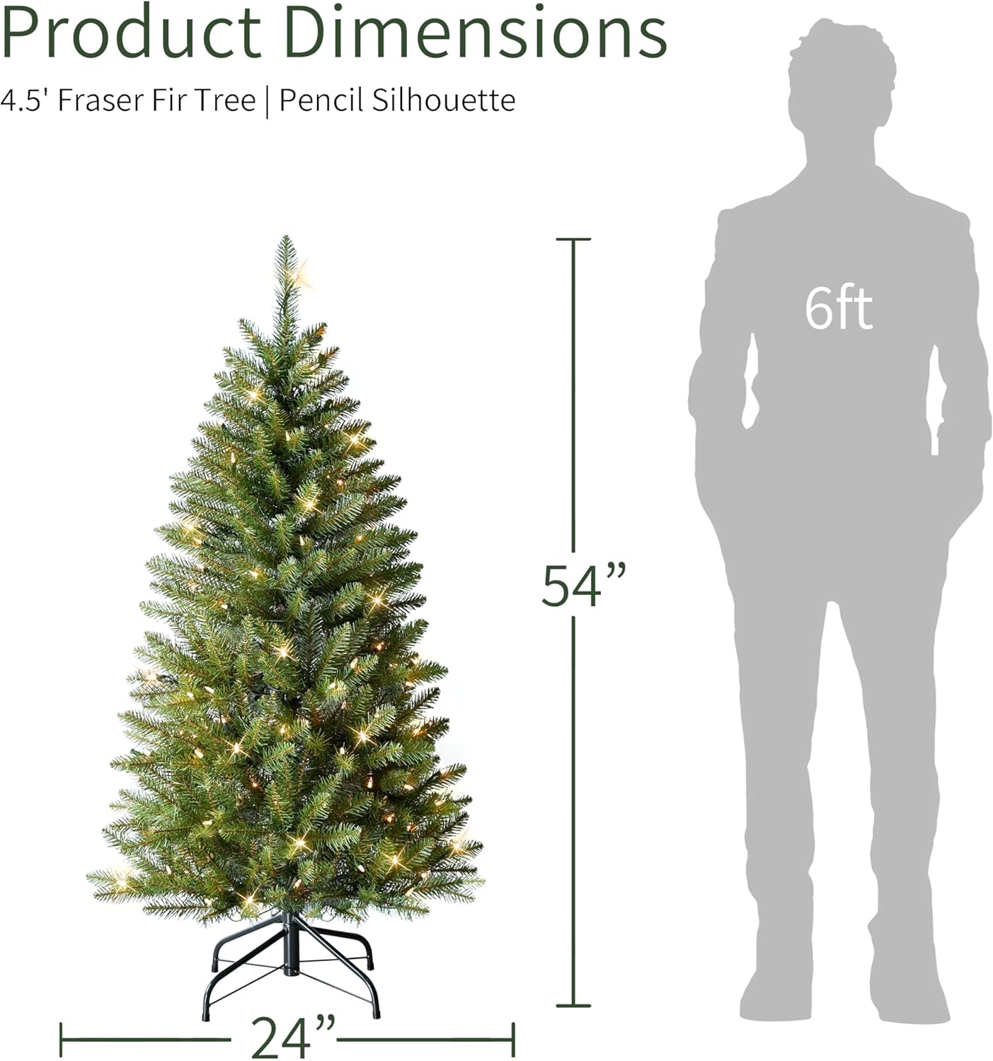 7.5ft Pre-Lit Fraser Fir Pencil Christmas Tree with 350 Clear Lights, 1188 Realistic Dense Branch Tips, Easy Setup Artificial Trees with Sturdy Metal Stand