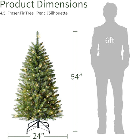 7.5ft Pre-Lit Fraser Fir Pencil Christmas Tree with 350 Clear Lights, 1188 Realistic Dense Branch Tips, Easy Setup Artificial Trees with Sturdy Metal Stand