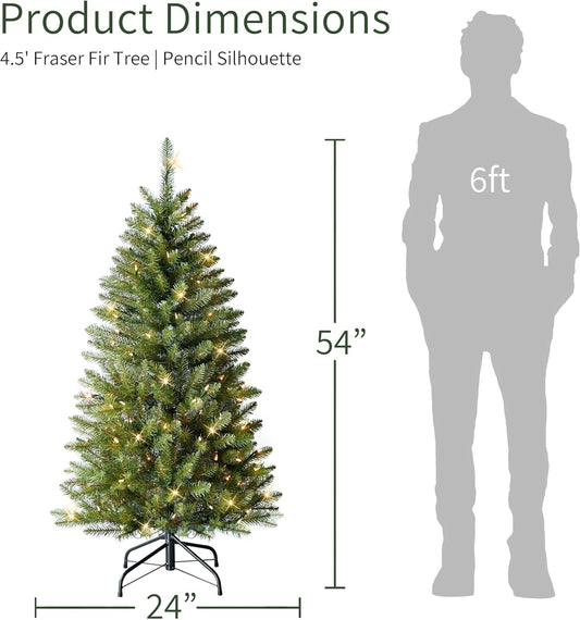 7.5ft Pre-Lit Fraser Fir Pencil Christmas Tree with 350 Clear Lights, 1188 Realistic Dense Branch Tips, Easy Setup Artificial Trees with Sturdy Metal Stand