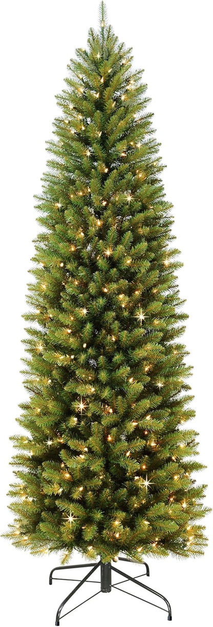 7.5ft Pre-Lit Fraser Fir Pencil Christmas Tree with 350 Clear Lights, 1188 Realistic Dense Branch Tips, Easy Setup Artificial Trees with Sturdy Metal Stand