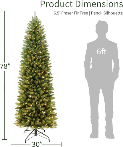 7.5ft Pre-Lit Fraser Fir Pencil Christmas Tree with 350 Clear Lights, 1188 Realistic Dense Branch Tips, Easy Setup Artificial Trees with Sturdy Metal Stand