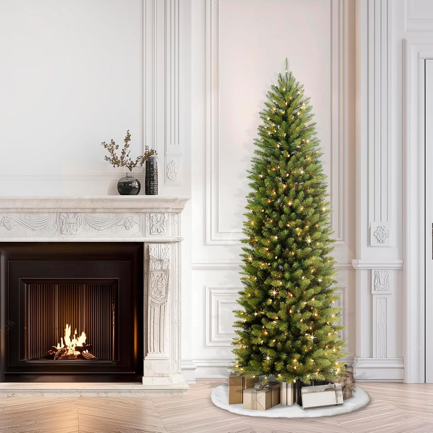 7.5ft Pre-Lit Fraser Fir Pencil Christmas Tree with 350 Clear Lights, 1188 Realistic Dense Branch Tips, Easy Setup Artificial Trees with Sturdy Metal Stand