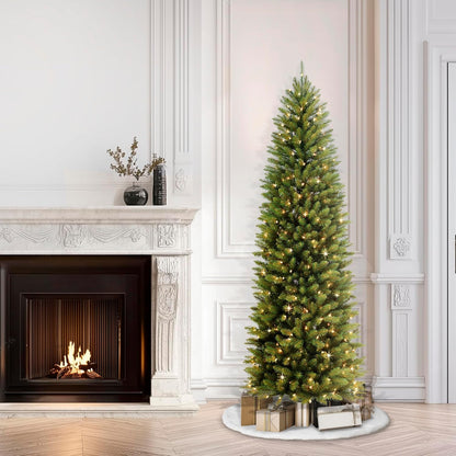 7.5ft Pre-Lit Fraser Fir Pencil Christmas Tree with 350 Clear Lights, 1188 Realistic Dense Branch Tips, Easy Setup Artificial Trees with Sturdy Metal Stand