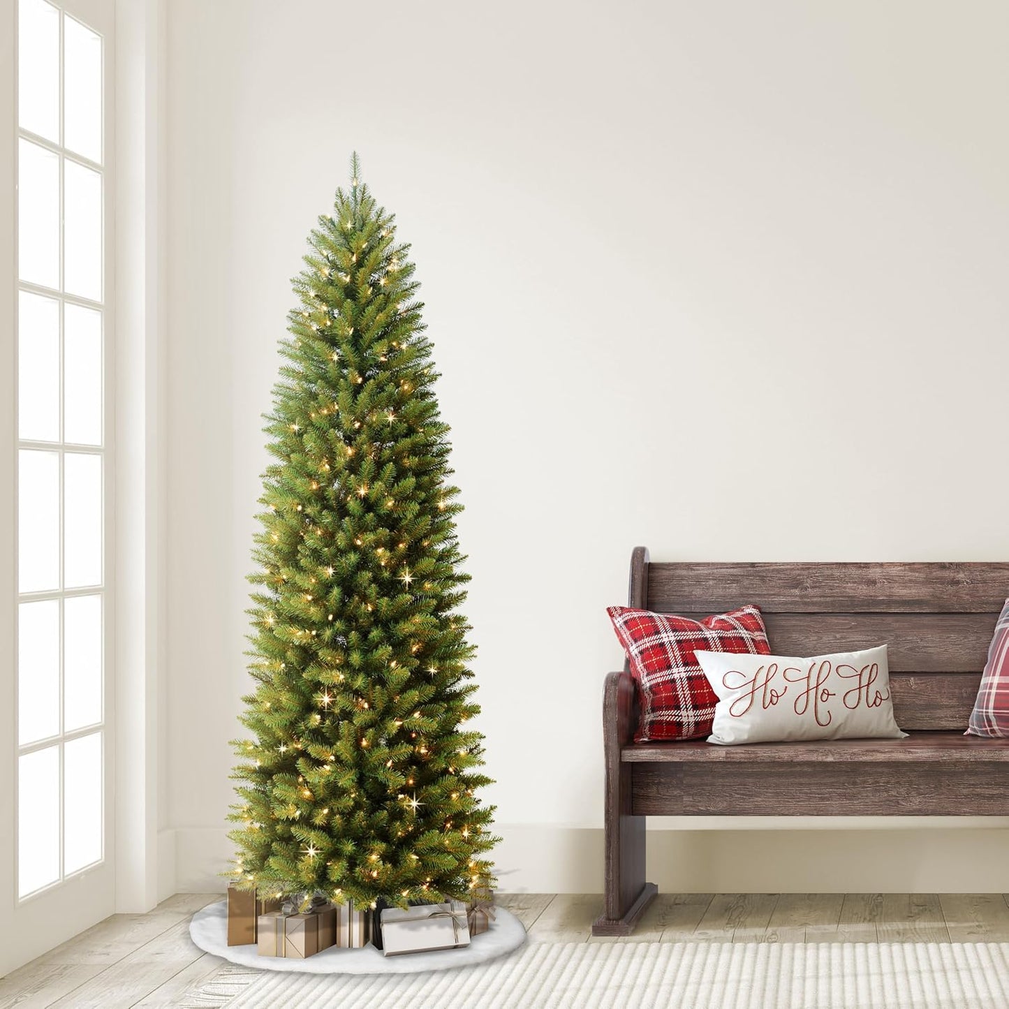 7.5ft Pre-Lit Fraser Fir Pencil Christmas Tree with 350 Clear Lights, 1188 Realistic Dense Branch Tips, Easy Setup Artificial Trees with Sturdy Metal Stand