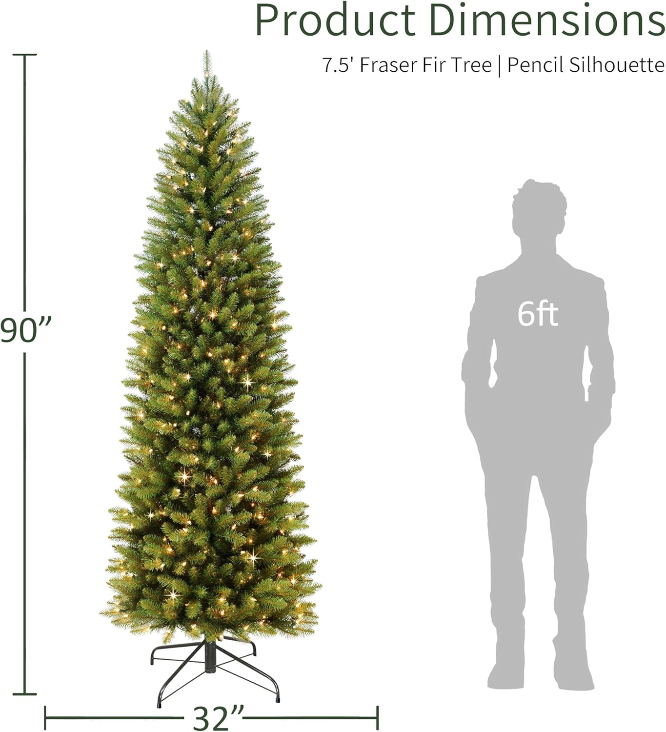 7.5ft Pre-Lit Fraser Fir Pencil Christmas Tree with 350 Clear Lights, 1188 Realistic Dense Branch Tips, Easy Setup Artificial Trees with Sturdy Metal Stand