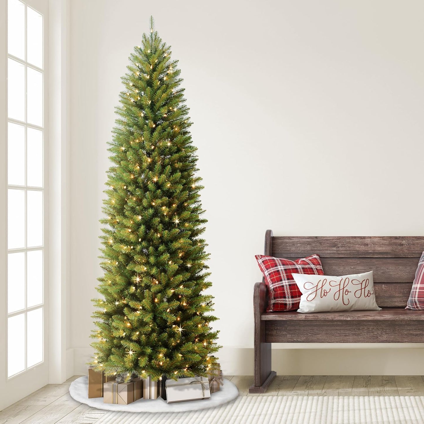 7.5ft Pre-Lit Fraser Fir Pencil Christmas Tree with 350 Clear Lights, 1188 Realistic Dense Branch Tips, Easy Setup Artificial Trees with Sturdy Metal Stand