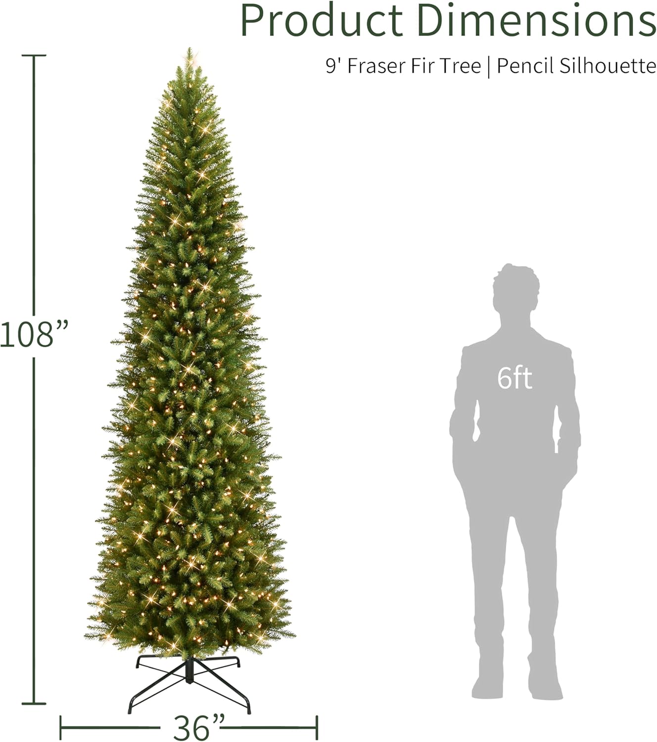 7.5ft Pre-Lit Fraser Fir Pencil Christmas Tree with 350 Clear Lights, 1188 Realistic Dense Branch Tips, Easy Setup Artificial Trees with Sturdy Metal Stand