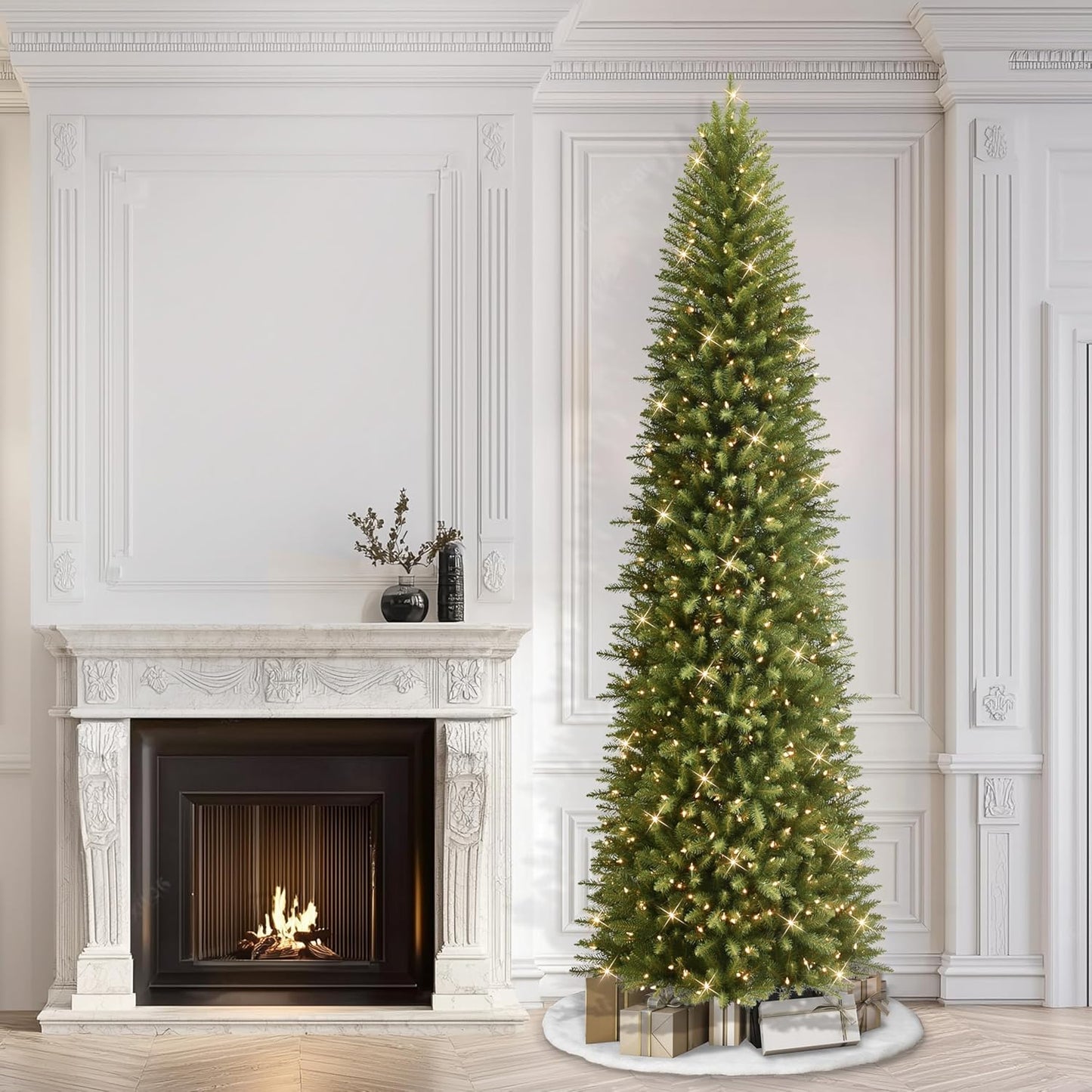 7.5ft Pre-Lit Fraser Fir Pencil Christmas Tree with 350 Clear Lights, 1188 Realistic Dense Branch Tips, Easy Setup Artificial Trees with Sturdy Metal Stand