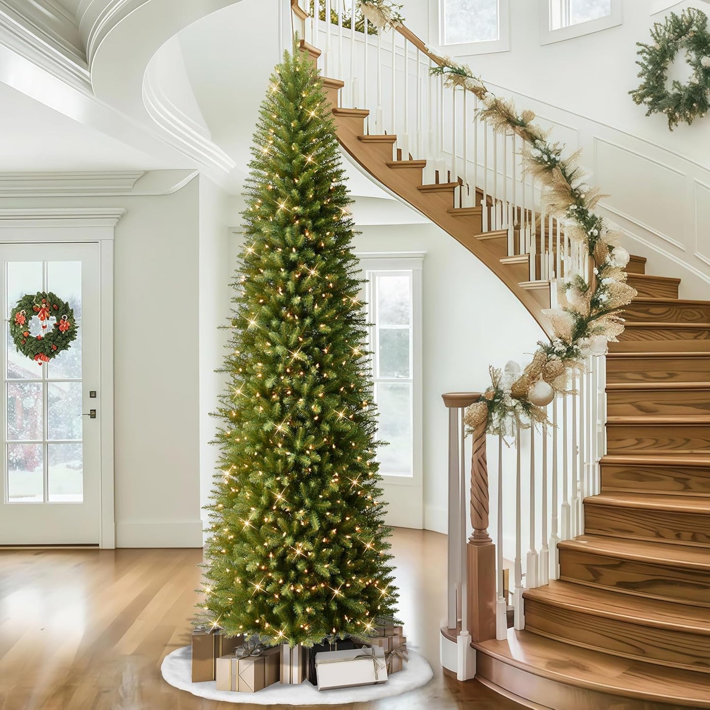 7.5ft Pre-Lit Fraser Fir Pencil Christmas Tree with 350 Clear Lights, 1188 Realistic Dense Branch Tips, Easy Setup Artificial Trees with Sturdy Metal Stand