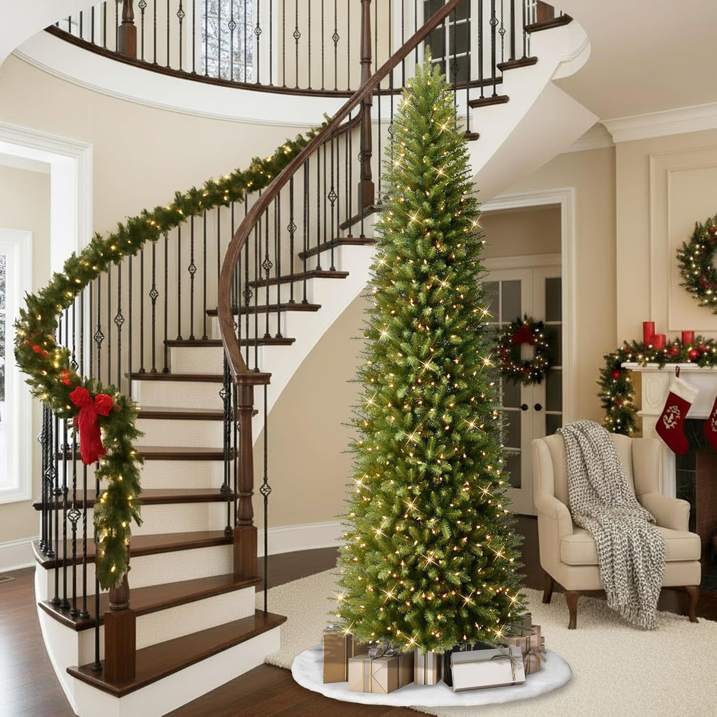 7.5ft Pre-Lit Fraser Fir Pencil Christmas Tree with 350 Clear Lights, 1188 Realistic Dense Branch Tips, Easy Setup Artificial Trees with Sturdy Metal Stand