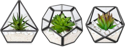 3 Pack Fake Succulents in Geometric Glass Terrarium Gold Office Decor | Lifelike Mini Fake Plants, 3 Shapes Metal Frame Pots, Fits Desk Shelf Office Home, No Maintenance, Gift Idea for Women Girls