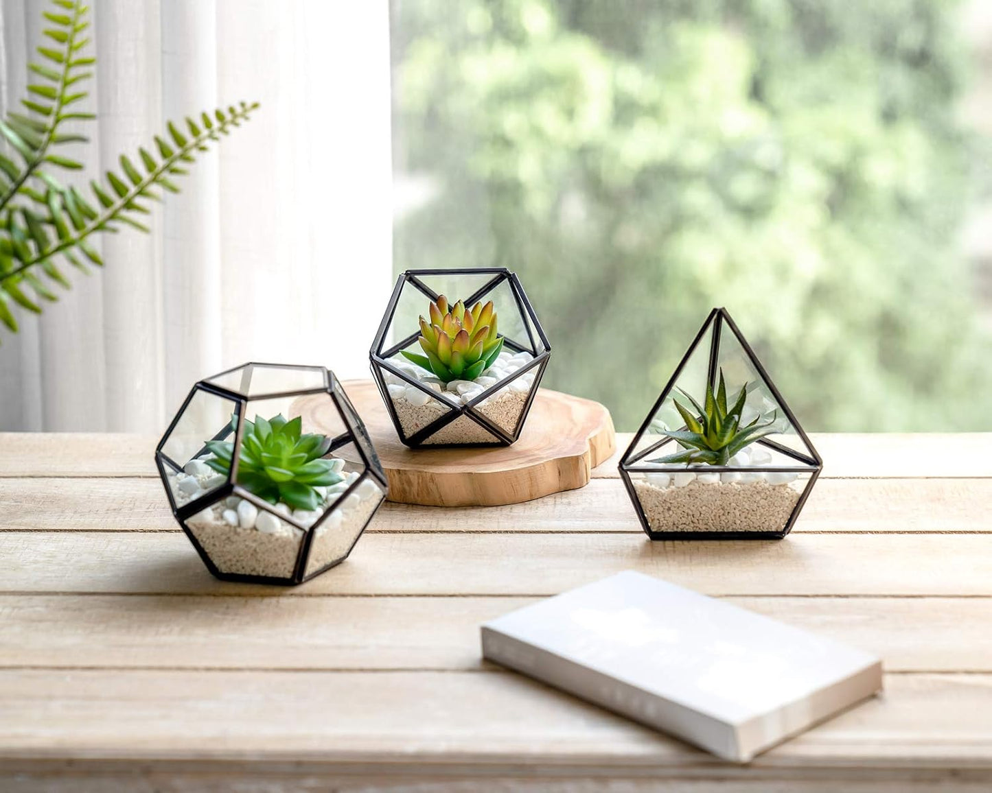 3 Pack Fake Succulents in Geometric Glass Terrarium Gold Office Decor | Lifelike Mini Fake Plants, 3 Shapes Metal Frame Pots, Fits Desk Shelf Office Home, No Maintenance, Gift Idea for Women Girls