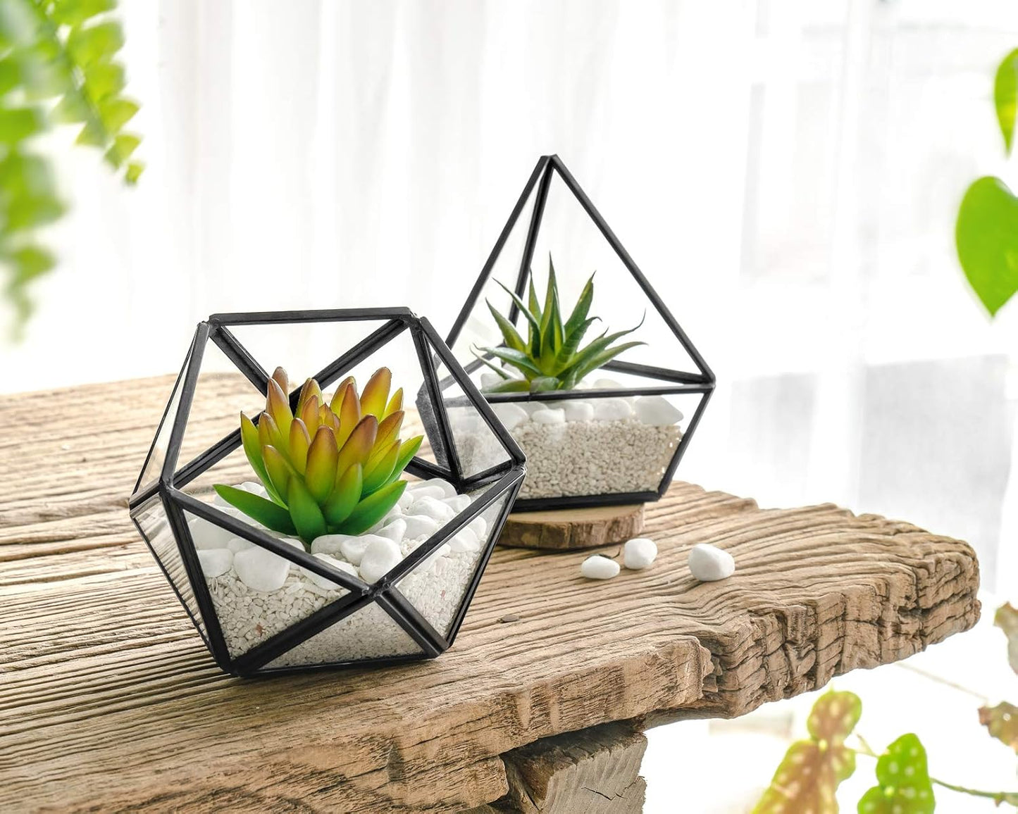 3 Pack Fake Succulents in Geometric Glass Terrarium Gold Office Decor | Lifelike Mini Fake Plants, 3 Shapes Metal Frame Pots, Fits Desk Shelf Office Home, No Maintenance, Gift Idea for Women Girls